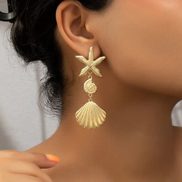 Jewelry - Gold Casual Women's Starfish & Shell Dangle Earrings